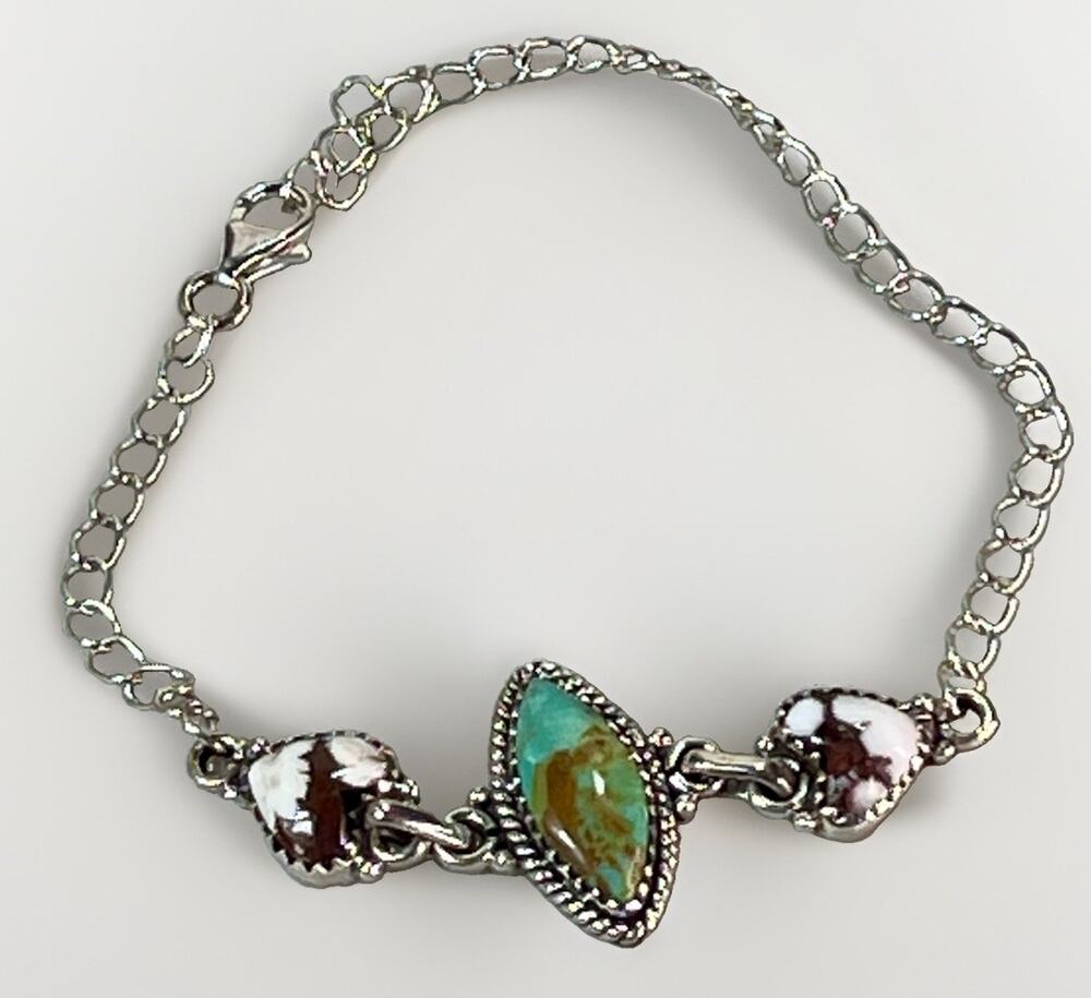 Southwestern Kingman Turquoise Wild Horse Hearts Sterling Silver Bracelet 7.5”